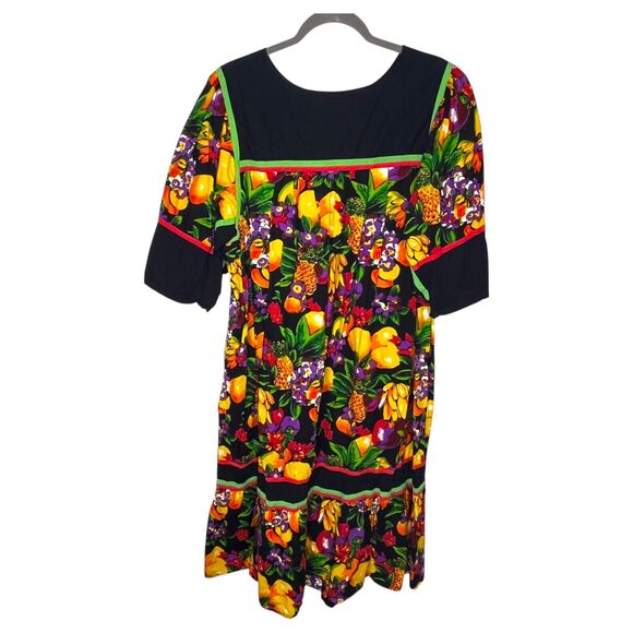 Vtg Go Softly Sz XL House Dress Kaftan Mumu Tropical Fruit Novelty Print Cotton - Picture 1 of 8